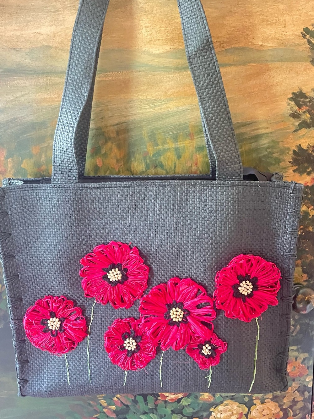 Handmade Black Tote Bag with Red Floral Embroidery